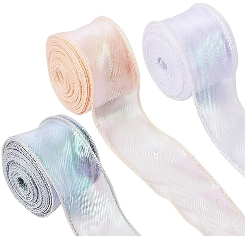 Pandahall - Cinta de encaje de organza de 3 colores de color arcoíris, plana, colorida, brillante, transparente, cinta de hilo de cola de pez para costura, manualidades, lazos, regalo, decoración de