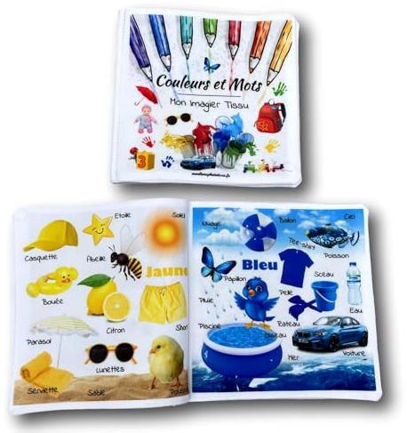 Mini-livre d'éveil éducatif en tissu imagier photo thème couleurs et mots