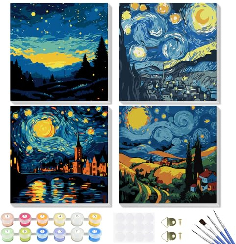 GHHKUD Pintura por Números para Adultos, Niños y Principiantes, 4 Piezas de Pintura por Números de Paisaje Nocturno con Lienzo Sin arrugas, Pinceles y Pintura Acrílica, Pintura al óleo Hecha a Mano