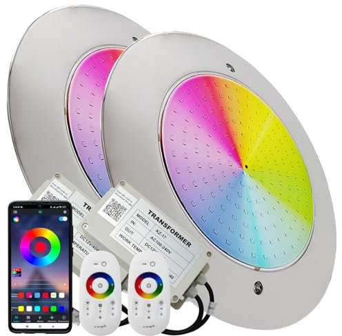 LED ATOMANT Pack 2x Foco de Piscina LED 12W RGB+CCT IP68 Acero Inoxidable con Transformador y Control Remoto, APP Bluetooh, Lámpara decorativa impermeable, Iluminación multicolor