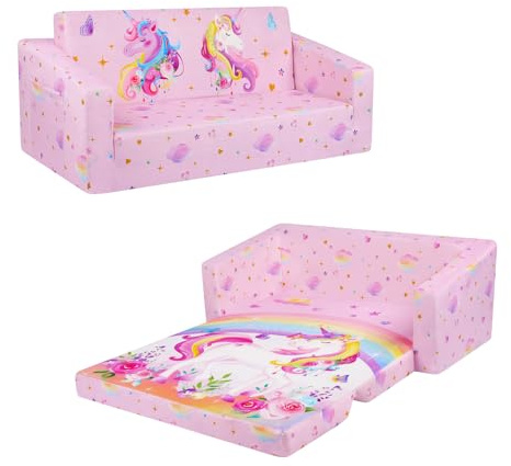 Decalsweet Foldable Kids Sofa,Double Seat 2 in 1 Flip Open Kids Sofa Bed with Pocket,Comfortable Children's Sofa for Bedroom Nursery Playroom,Gift for Girls-Pink Unicorn