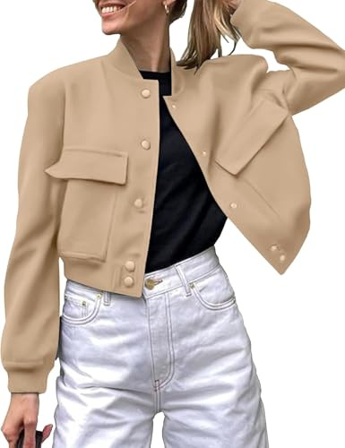 Suncadmious Giubbotto Bomber da Donna Casual Abbottonato Giacche College Shackets con Tasche Outwear (Kaki,M)