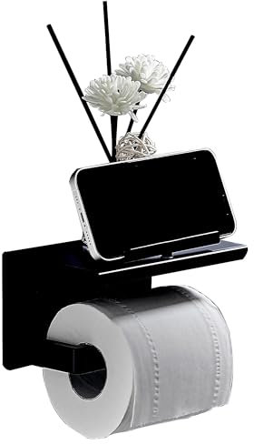 Support Papier Toilette Noir avec Étagère – Fixation sans Perçage ou Murale – Acier Inoxydable Antirouille – Design Moderne pour Salle de Bain-Support Smartphone Rotatif