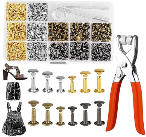 OdiuK 360 Set Leder Nieten Set, Doppelkappe Hohlnieten mit Bohrwerkzeuge und Zangen 12mm 8mm 6mm Ledernieten, Nieten für Leder hohlnieten Set für DIY Lederhandwerk Kleidung Dekoration, 4 Farben