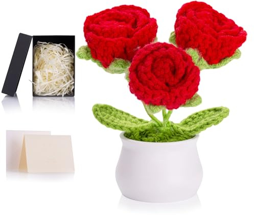 MAIBAOTA Red Roses Crochet Flowers Rose Handmade Knitted Flower Bouquet Potted Plants Cute Small Stuff Gifts for Women Girls Home Office Desk Accessories Decor Decorations Artificial Flowers