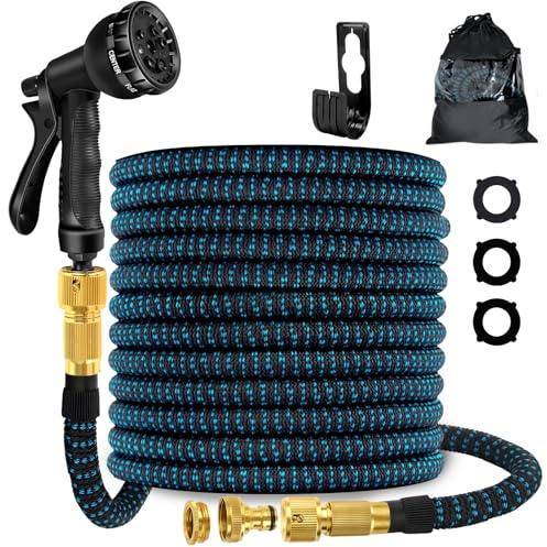 Manguera de jardín flexible expandible de 15 m con boquilla de pulverización de 8 funciones, 3 mangueras de agua expansibles duraderas con conectores de latón antifugas de 3/4 pulgadas y 1/2 pulgadas