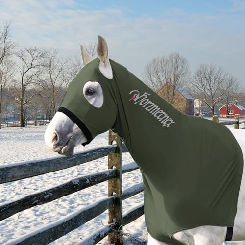 Horzmetnex Horse Stretch Hood Without Ears with Dual-Sided Reflective Letters,Safety Night Visibility,Lycra Mane Protector, Horse Hood, Mane Protection, Show Prep, Training(Olive Green, L)