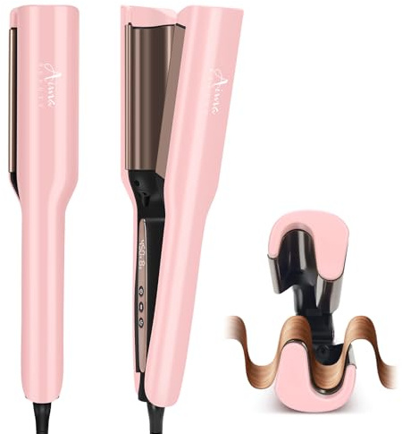 Aima Beauty 1 Inch Deep Wave Curling Iron Hair Crimper Waver Beach Waves Curling Wand, Memory Timer, Adjustable Temps Travel Dual Voltage Anti-Scald Long Lasting Style Ionic Anti-Frizz, Pink