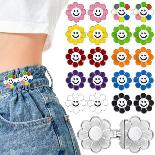 Dropower 10 PCS Pant Waist Tightener for Jeans, Cute Daisy Smile Face Adjustable No Sew Metal Button Pins, Detachable Waist Tightener Clip for Women, Teens, Skirts