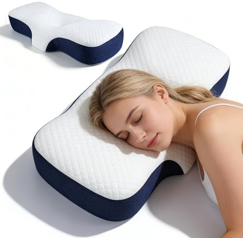 PORFOYO Oreiller Ergonomique, Oreiller Memoire Forme Cervicales, Cervical, Soutien du Cou Profilé, Coussin, Douloureuses Soulagement Convient Au Dormeurs sur Cou Côté Dos Et Ventre, Bleu Marine