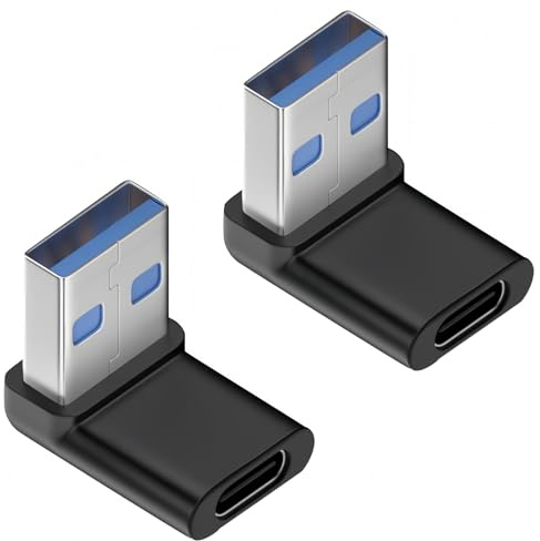 2 st USB C till USB 3.0-adapter, USB 90 graders adapter, US-B vinkelkontakt 90 grader, högervinklad US B vinkelkontakt för OTG, laddning och dataöverföring, kompatibel med smartphones, bärbara datorer