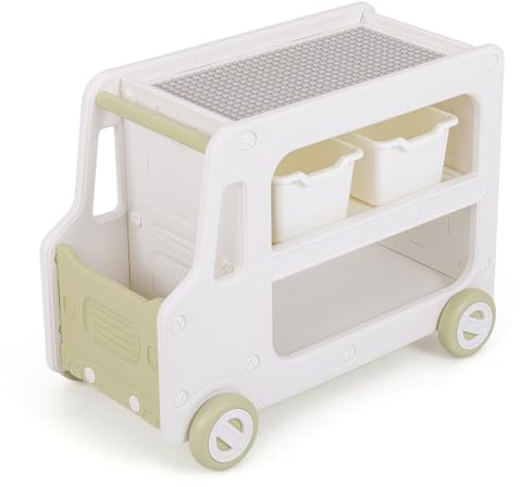 FANTASK Scaffale per bambini auto, scaffale giocattolo con ruote e 2 ripiani, scatole portaoggetti, organizer per giocattoli, scaffale per cameretta dei bambini, sala giochi, 73 x 42 x 56 cm
