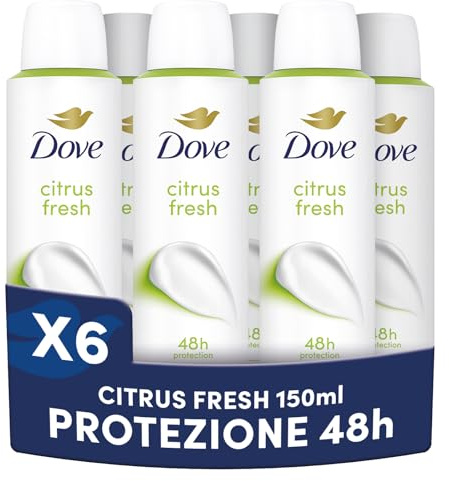 Dove Deodorante Spray Classic Citrus Fresh, Deodorante Antitraspirante 48 Ore Protezione Sudore e Odori, con 1/4 Crema Idratante, Senza Alcol Etilico, Fragranza Agrumata, 6 Pezzi da 150 ml