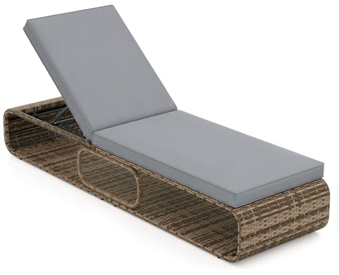 COSTWAY Chaise Longue Jardin Exterieur en Rotin PE avec Coussin, Bain de Soleil Inclinable à 7 Positions, Charge 180kg, Rangement Inférieur, Transat pour Jardin Piscine Terrasse, 185×65×86cm, Gris