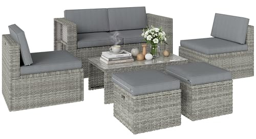 Outsunny 6 Piece Rattan Garden Furniture Set, 6 Seater Nesting Wicker Patio Conversation Set with Loveseat, 2 Chairs, Glass Top Table, 2 Footstools, Cushions, Adjustable Pads for Outdoor, Dark Grey