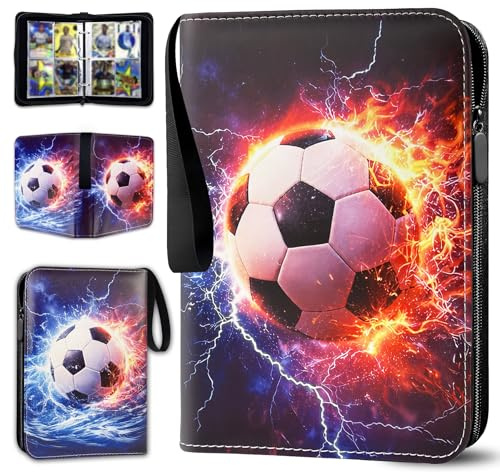Mowtential Album per Carte da Calcio, 50 Fogli con 400 Spazi, Raccoglitore Carte Collezionabili Portatile, Portacarte 4 Tasche in Pelle PU Idrorepellente con Cerniera e Cinturino (A3)