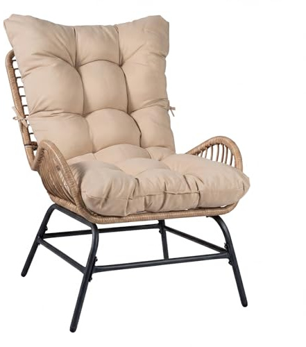 COSTWAY Sillon de Ratan con Cojin, Marco Metálico, Sillones para el Salón, Butaca Dormitorio Jardin Terraza Interior Exterior, 84 x 68 x 87 cm, Carga 180kg (1, Marrón)