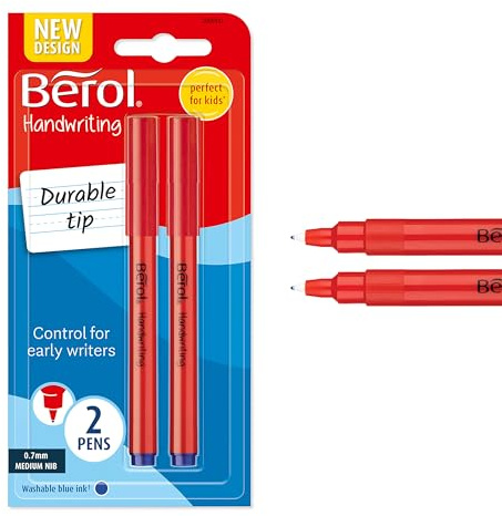 Berol Handwriting Pens | Round Shape is Easy to Hold | Washable Blue Ink | Bright Barrels | 2 Count