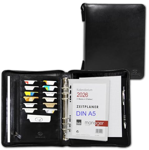 ALMADIH Leder A5 Organizer mit Ringmechanik Reißverschluss, Kalender 2026 Schreibblock Premium Rindsleder Schwarz Ledermappe Mappe Terminplaner Systemplaner Konferenzmappe Aktenmappe (A5-O-S)