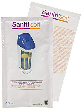 Saniti'Soft. Limpiador de Resinas para Descalcificadores de Agua. 2 Unidades. Fácil de Aplicar. 1 Sobre para cada uso. Alarga la Vida de tu Equipo. Bbagua.