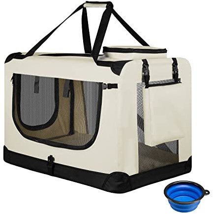 Juskys Caisse de Transport Pliable pour Chiens Lassie L (Beige) - 50 x 70 x 52 cm - Caisse de Voyage avec Couverture, Poche & poignées - Caisse de Transport en Tissu pour Chiens