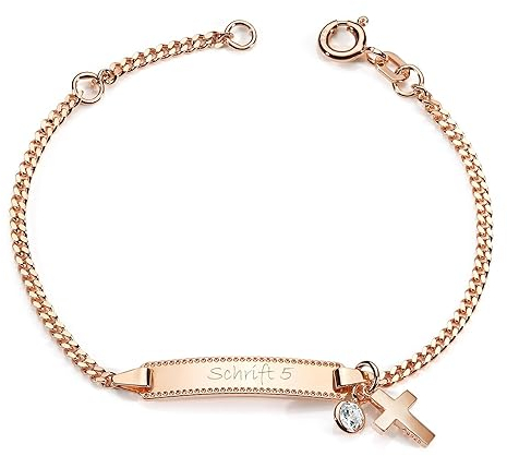 Materia Gravur Armband Silber 925 rosegold vergoldet mit Kreuz für Kinder SA-120-Schrifttyp 5