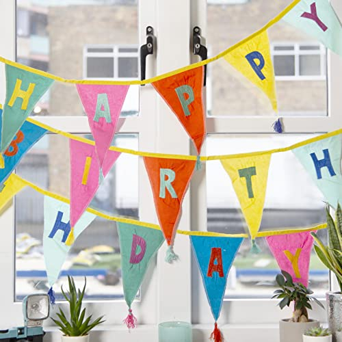 Fabric Rainbow Happy Birthday Bunting Banner with Tassels - 3m | Triangle Flag Pennant Garland, 100% Cotton, For Boys, Girls, Adults, Indoor or Outdoor, Reusable Decorations for Birthday Party