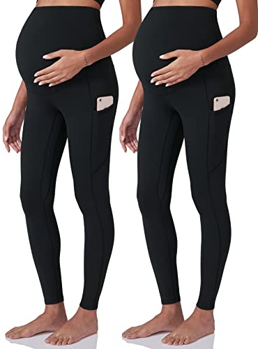 POSHDIVAH 2Pcs Women's Maternity Workout Leggings Over The Belly Pregnancy Yoga Pants with Pockets Soft Active Wear Work Pants Blacks Large