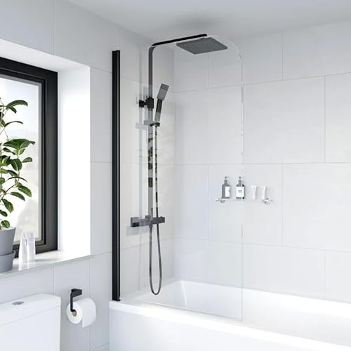 Luxura® 1400 x 800mm Black Over Bath Shower Screen Folding Hinged Door Glass Panels & Screens for Baths, Bathroom Frameless Curved Design, 6mm Toughened Safety Glass, 180° Pivot