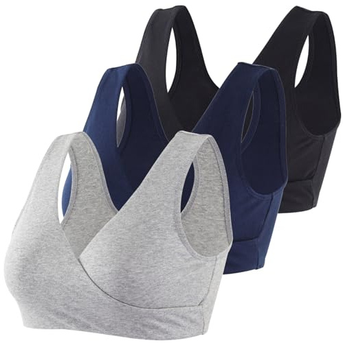 Topwhere Women's Cotton Wireless Sleep Bra for Nursing and Maternity (Black+Grey+Navy Blue, XXL)