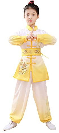 XRDSHY Kinder Kampfsport Kleidung Tai Chi Trainingskleidung Lange Ärmel Tai Chi Kong Fu Kostüme für Jungen und Mädchen Wettkampfkleidung Chinesischer Stil Uniform, Gelb - 140 cm