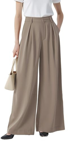 Tronjori Damen Hose Weites Bein Frauen Lange Hose mit Taschen Einfarbig Lose elastische Hohe Taille Freizeithose Business-Arbeitshose für Freizeit Arbeit Büro(XXL, Mokka Kurz)