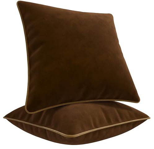 Blau Marité Kissenbezüge 45x45 cm – 2er Set aus weichem Samt – Dekokissen mit kontrastierendem Rand – Braun & Camel – Ohne Füllung