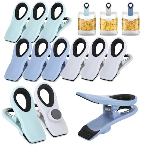 com-four® 12x Verschlussklammern für Tüten - Tüten-Clips zum Verschließen und Frischhalten - Beutelclips aus Kunststoff - Verschlussklemmen mit kleinem Magnet (12 Stück - grau + blau + mint)