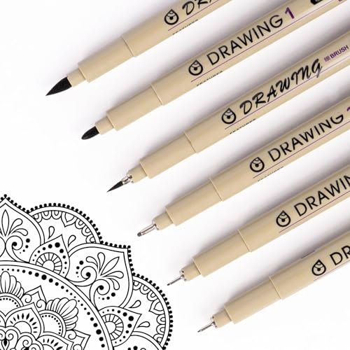 Toptime Fineliner Schwarz, 6 Stück Fineliner Stifte Set mit Brush Pen, Wasserfeste Filzstifte für Künstler, Zeichenstifte mit 6 Verschiedene Linienbreiten, Tuschestifte für Illustration, Cartoons
