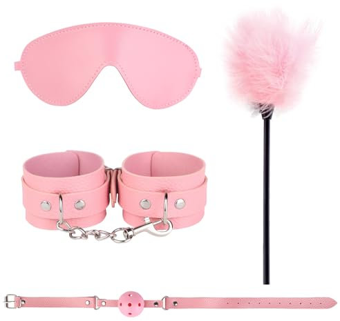 Kutocesy Kit Bondage Rosa 4 Pezzi In Pelle Benda Occhio Manette Bavaglio Set Bondage Per Letto Giocattoli Sessuali Per Coppie Bondage (Pink)