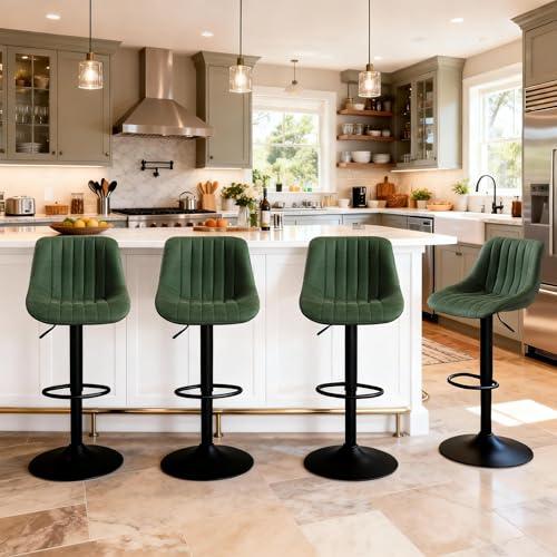 Relbiety Swivel Adjustable Bar Stools Set of 4, Counter Height Barstools with Back and Footrest, Faux Leather Barstool,Upholstered Modern Armless Bar Stools for Kitchen Island Stool Dining Room, Green