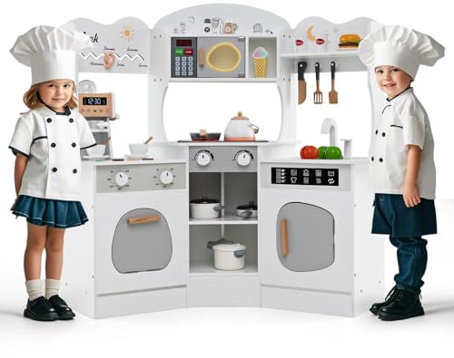 GOPLUS Cuisine en Bois Enfant, Jeu de Cuisine d'angle pour 3+ Ans avec Lumières et Son, Machine à Café, Four, Micro-Ondes, Machine à Laver, Grand Rangment, Accessoires de Cuisine (Blanc)