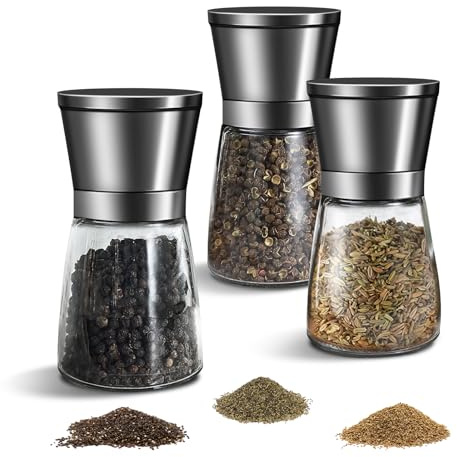 3Pcs Salt and Pepper Grinder Set, Salt Grinder, Salt and Pepper Grinders, Stainless Steel and Glass Ceramic Manual Grinder with Adjustable Coarseness for Kitchen, Dining, Outdoor Use (No Salt/Pepper