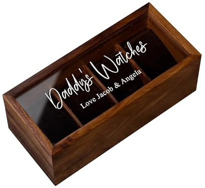 Personalised Wood and Glass Watch Box with 4 Cushioned Slots, Brown, Gold Detailing