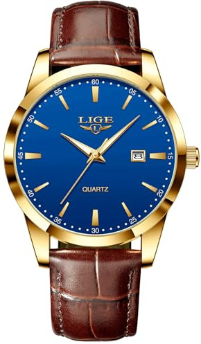 LIGE Montre pour Hommes avec Date Montre éTanche à Quartz pour Hommes en Cuir Jaune-Brun,Bleu Or