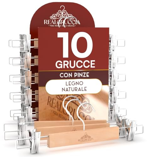 10 Grucce Appendiabiti con Pinze per Pantaloni Jeans Gonne in Legno Naturale 13x33cm - RealGruccia Finitura Lucida - Gancio Girevole 360° in Metallo Resistente Clips Regolabili Salvaspazio e Robuste