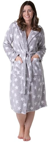 Camille Peignoir de bain à capuche en polaire super-doux pour femmes - Peignoir imprimé à manches longues et longueur mollet avec ceinture assortie, Gris étoile, 38-40