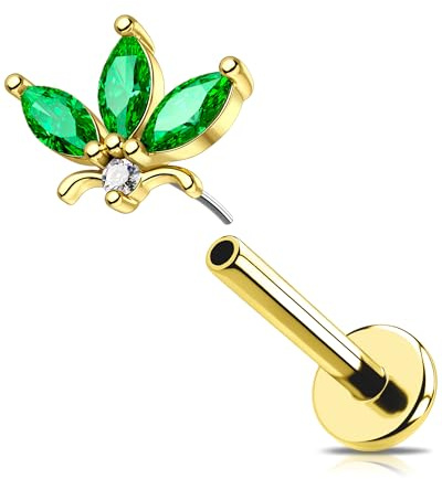 OUFER 16G Or Fleur Piercing Oreille Cartilage Sans Filetage Acier Chirurgical 316L Boucle d'oreille Helix Vert Marquise CZ Anneau Tragus Lip Stud pour Femme 6 mm