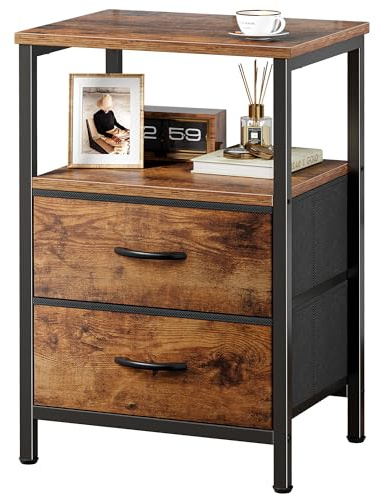 Huuger Night Stand with 2 Drawers, Bed Side Table with Open Shelf, Wooden Top, Nightstand for Bedroom, End Table for Small Space, Fabric Drawer, Rustic Brown