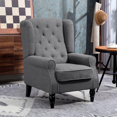 HOMCOM Wingback Accent Chair Teddy Fleece Armchair High Back Charcoal Grey | Thick Spring Cushion, Solid Wood Legs, Retro Button Tufted, Reading, Living Room, Bedroom