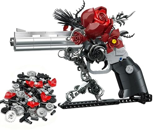 SymGrpu Revolver Ensemble de construction de bouquet de roses gothiques, pistolet et fleurs de construction, modèle de pistolet botanique à faire soi-même pour adultes, décoration d'intérieur, cadeau