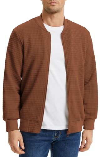 PANOZON Uomo Giacca Cardigan baseball a quadri felpa con collo rotondo e chiusura lampo(XL,Kaki)