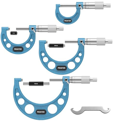Proster Set di 4 Micrometri Esterni da 0-100mm con Ghiera a Cricchetto,Incudini in Carburo,Finitura Antiriflesso per Misurazione di Alta Precisione,con Custodia 0-25mm,25-50mm,50-75mm,75-100mm