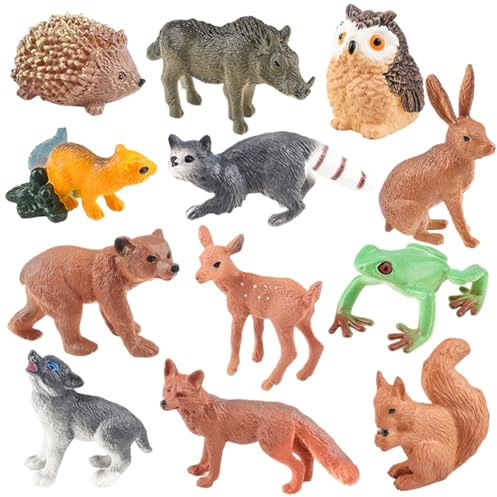 UJBVCX 12 Pezzi Animali del Bosco, Miniatura Set Giocattoli Figure di Animali della Foresta, Giocattoli Educativi Decorazioni Regalo per Bambini